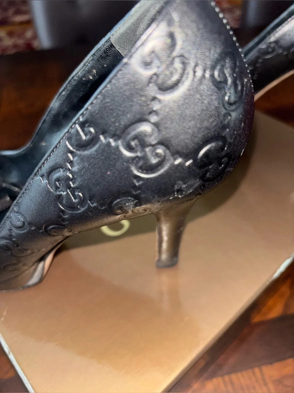 Gucci Black Leather Peep-Toe Heels with Gold Horsebit Accent